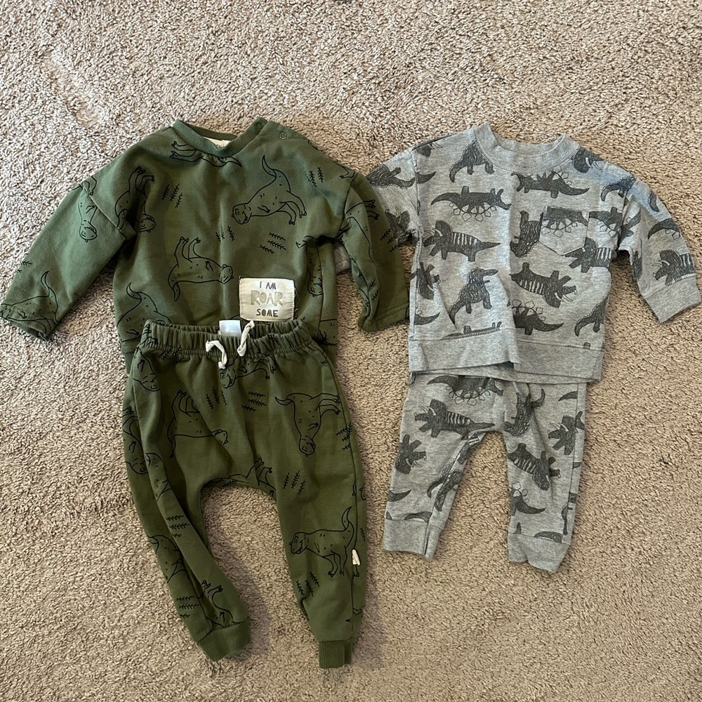 2 pack boy dinosaur matching sweatsuits. Gray 6 month and green 12 month